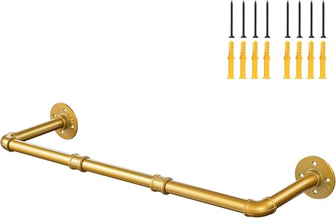 Industrial Gold Pipe Clothing Rack, Wall Ceiling Mounted Clothes Garment Rack 30'', Iron Golden Pipe Clothes Hanging Bar, Heavy Duty Metal Rod for Retail Display Closet Storage