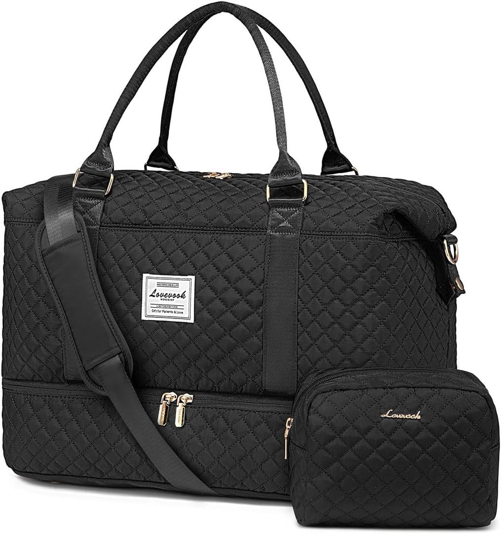 LOVEVOOK Travel Duffle Bag,Weekender Bags for Women with Shoe CompartmentCarry on Overnight Bag with Toiletry Bag,Gym Duffel Bag with Wet Pocket, Hospital Bags for Labor and Delivery (Large-2 Pcs, Black)