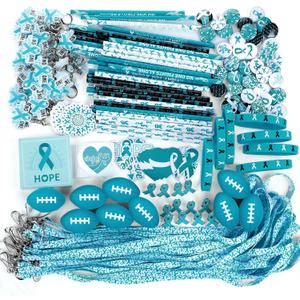 400 Pcs Teal Ribbons Sexual Assault Awareness Items Bulk Teal Ribbon Awareness Supplies Silicone Bracelets Lapel Pins Button Rugby Pins Tattoo Stickers Cutouts for Charity Fundraise Party Favor