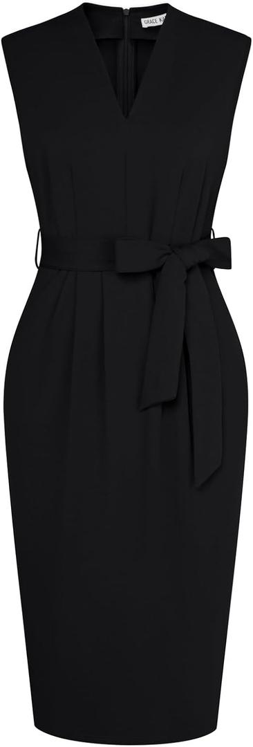 GRACE KARIN Women's Business Dresses Sleeveless V Neck Bodycon Sheath Dress Zipper Up Office Work Dress with Pockets (Medium, Black)