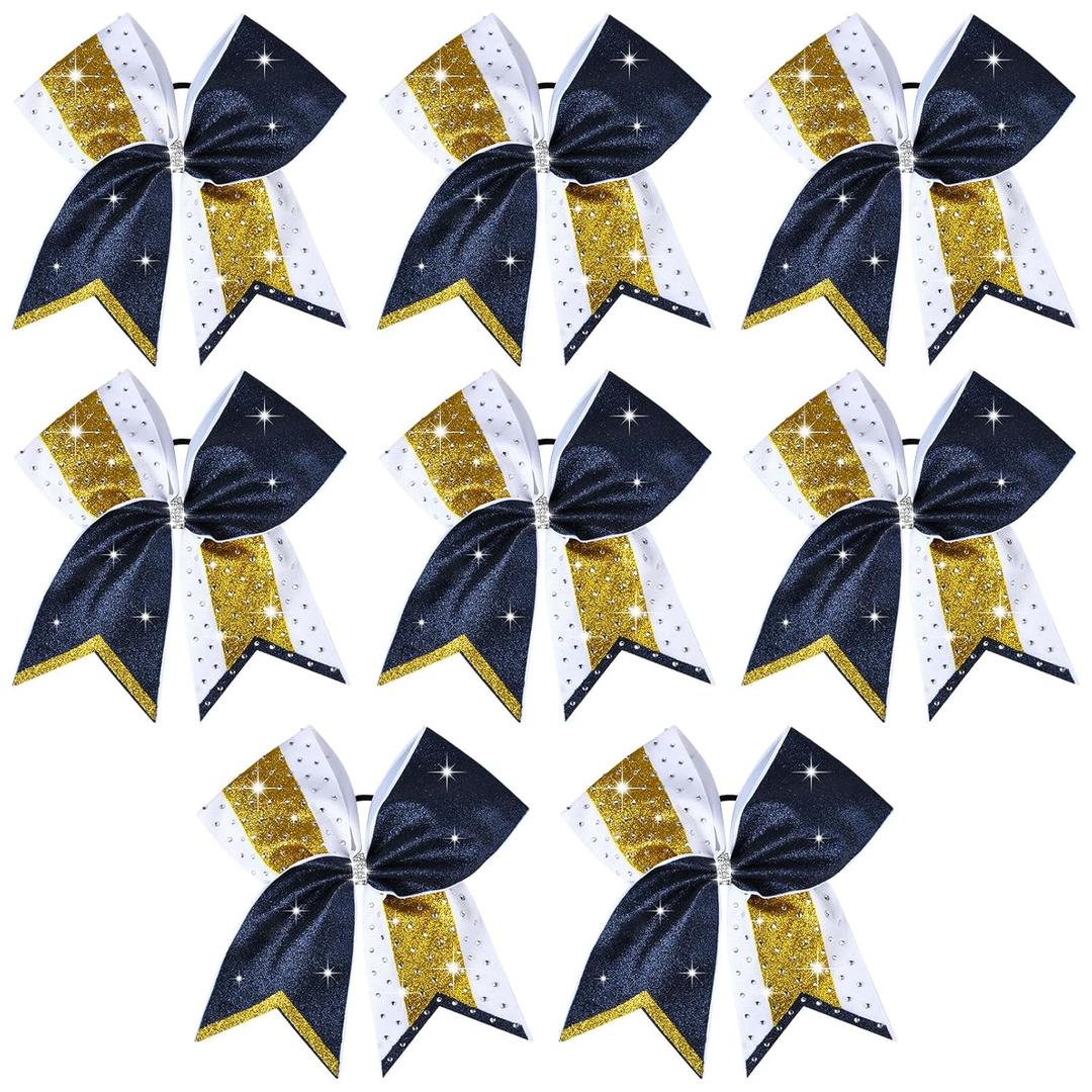 8 PCS Large Glitter Cheer Bows 8" Rhinestones Hair Bows Sparkly Cheerleading Softball Team Bow Hair Ponytail Holder Accessories for cheerleaders football Competition Sports- Navy Blue Gold