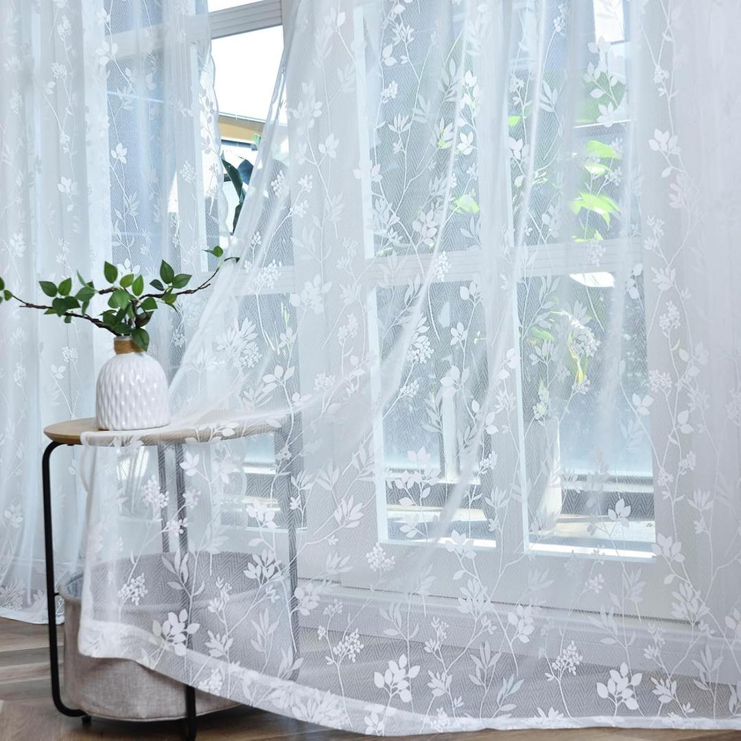 FINECITY White Lace Curtains 90 Inches Long 2 Panels Set, Country Leaf Floral Vintage Lace Curtain Panels for Living Room, Rod Pocket Light Filtering Privacy Scalloped Edge Lace Curtains, 52 x 90 Inch (52"W x 90"L (Pack of 2))