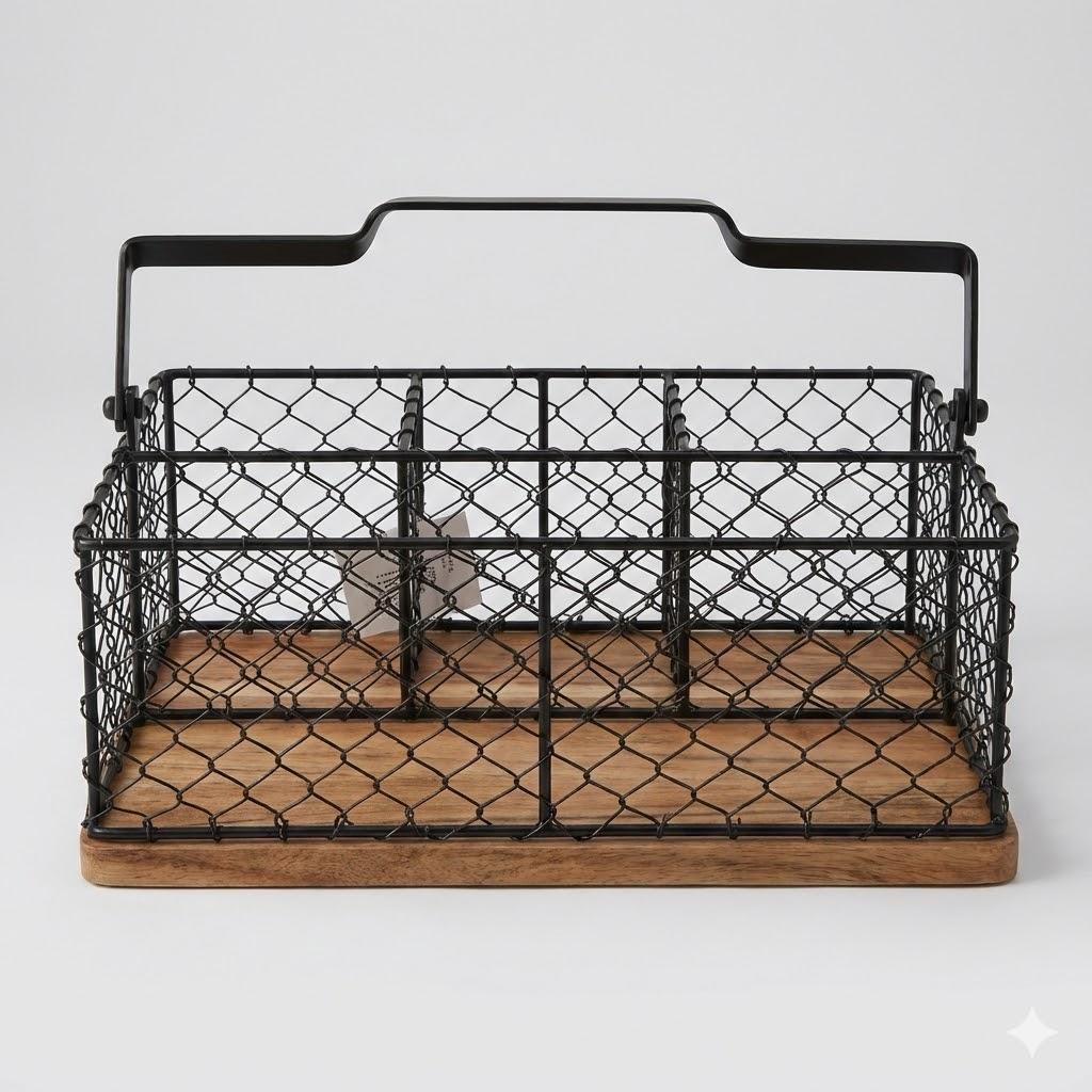 Wire Utensil Caddy with Handle Silverware Holder Wooden Base Flatware Picnic Cutlery Holder Organizer Wood Kitchen Counter for Cups Spoons Forks Plates Supplies Napkins