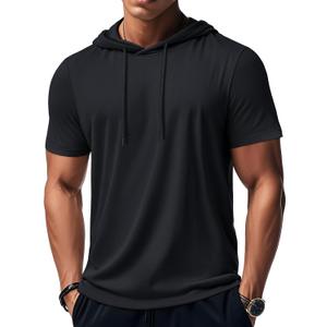 MAGCOMSEN Men's Short Sleeve Hoodie Workout Gym Athletic Cotton Lightweight Hooded T Shirts Sweatshirt (XX-Large, Black)