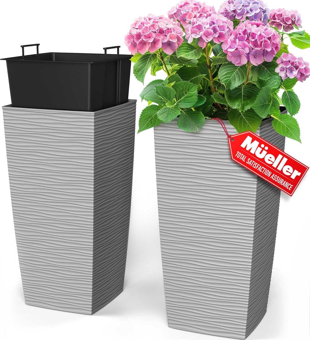 Mueller M-Resin Heavy Duty Tall Planters for Outdoor Plants, Indoor Grande Plant Pots, Boxes, Trees, Flower Pots, 2-Piece Set, 24, Modern Design, Built-in Drainage, Front Porch Decor, Light Gray (24 x 11.5", Light Grey)