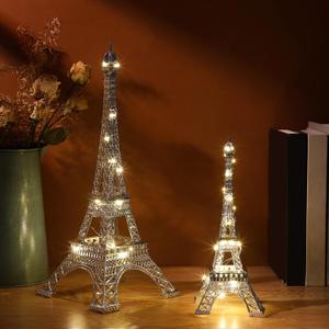 2 Pcs Eiffel Tower Statue Metal 10 Inch, 15 Inch Eiffel Tower Model Figurine Paris Themed Decor with 2 Light Strings for Cake Topper Party Table Centerpiece Kitchen Decoration(Silver)