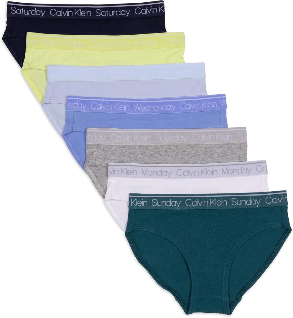 Calvin Klein Girls Bikini Days of The Week 7 Pack, Pacific/ White/ Heather Gray/ Hydrangea/ Skyway/ Energy/ Black Iris, Medium