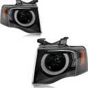 Black LED Halo Headlights Compatible with 2007-2014 Ford Expedition | W/DRL Halo Projector LED Headlight Assembly Front Light Lamp Clear Lens With bulb Left + Right Pair FO2503226