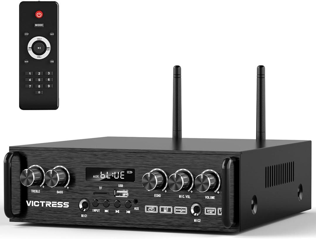 2 Channel Bluetooth Amplifier with 2 HiFi Speakers & Wireless Microphone System, 450W Stereo Audio Receiver with UHF Mics, Bass/Treble, FM, TWS, USB/TF  for Home Karaoke, Church, Meeting
