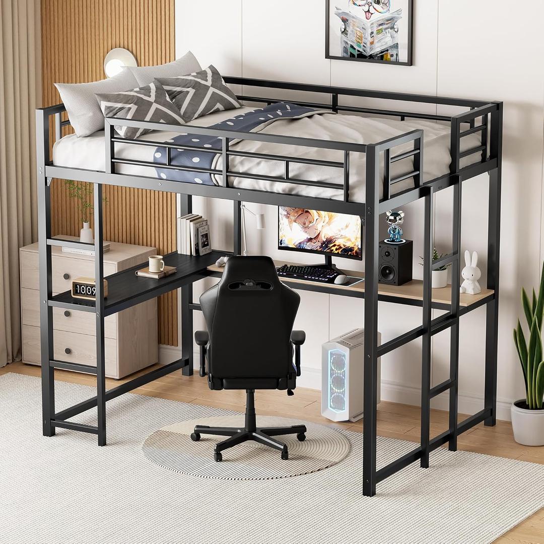 PVWIIK Full Size Loft Bed with L-Shaped Desk & 2 Ladder for Girls,Boys,Full Metal Loft Bed Frame with Safety Guardrail for Kids,No Box Spring Needed,Black