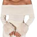 SOLY HUX Women's Off The Shoulder T Shirt Fuzzy Long Sleeve Slim Fitted Tee Going Out Tops (Small, Plain Apricot)