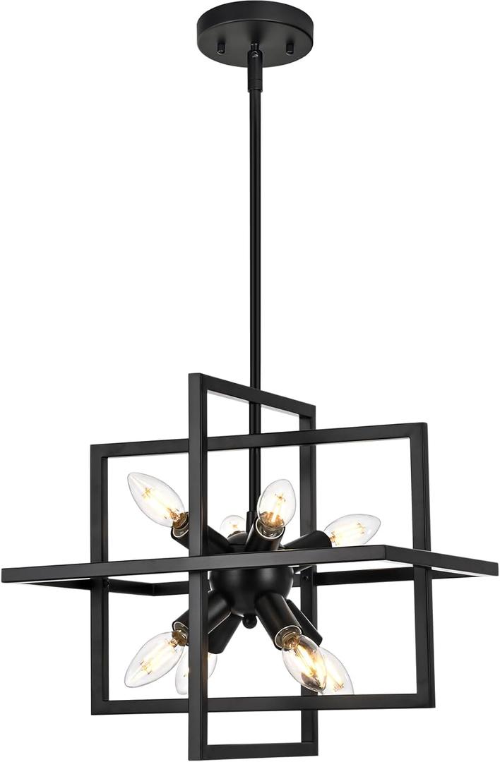 Yiisem Modern Small Black Chandelier, 8-Light Farmhouse Geometric Pendant Lighting Fixtures, Industrial Lantern Hanging Chandelier for Kitchen, Dining Room, Foyer, Entryway