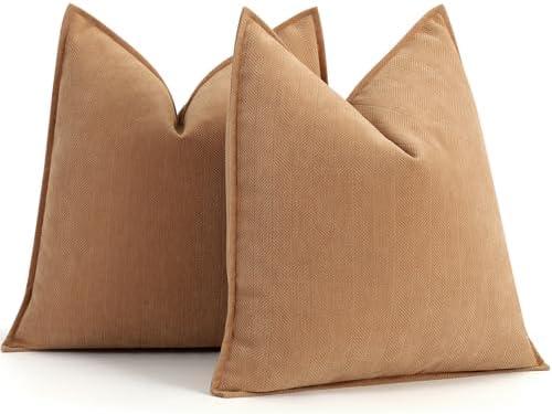ZWJD Camel Pillow Covers 20x20 Set of 2 Chenille Throw Pillow Covers with Elegant Design Soft and Luxurious Decorative Throw Pillows for Couch, Bed, and Home Decor