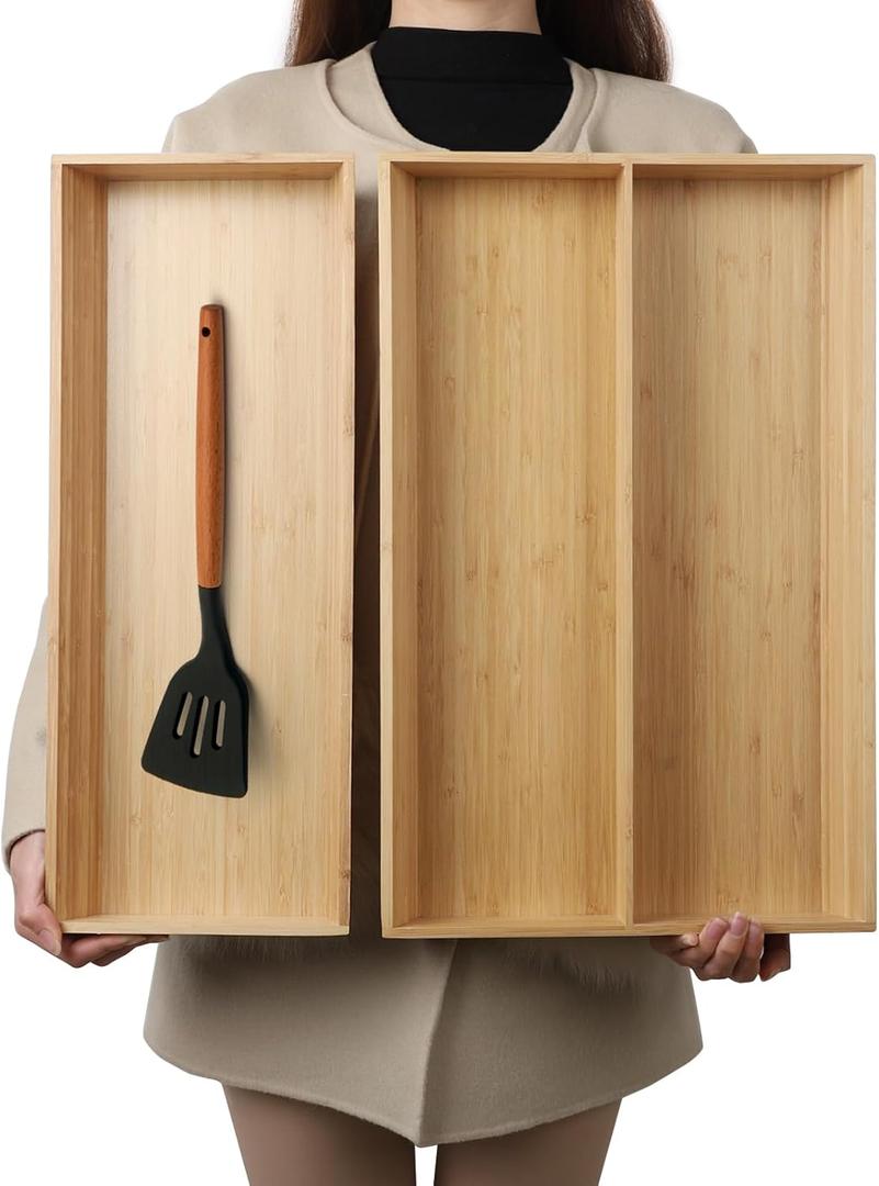BAMOTTO CRAFTBAMBOO V-Shaped 2-Pack 19.6" Long Bamboo Drawer Organizer Box - Easy Reach Kitchen Utensil Flatware Silverware Cooking Tools Storage for Home Bedroom Bathroom (19.6"x12.4"/19.6"x7.8")