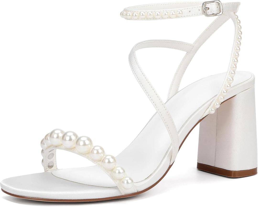Women's Pearl Embellished Ankle Strap Sandals, Block Heel, White Satin, Wedding Party Shoes,3.3 Inches 8.5, Ivory White
