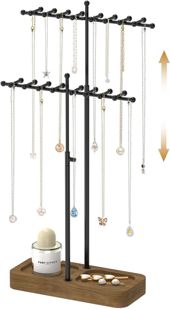 MODOWEY Necklace Holder Organizer Stand with 36 Hooks, Tall Display Tree Rack for Women Men Jewelry Storage, Adjustable 2 Tier Metal Hanger Wood Tray for Vendor, Large Capacity for Dresser Small Space (Black+Brown)