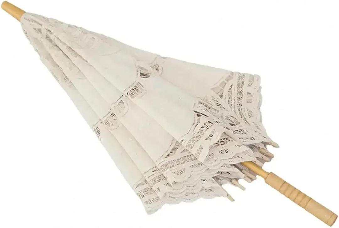 Lace Flower Embroidery Parasol Wedding Bride Photography Umbrella Silk Cloth Handle Solid Wood White