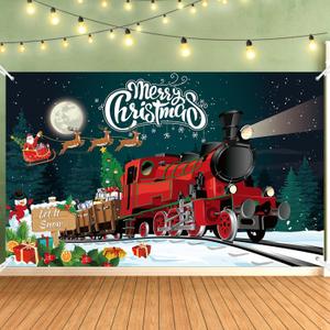 Merry Christmas Backdrop, 180x110cm/5.9x3.6 Feet Christmas Decoration Banner Happy Holiday Background for Photography Home Inside Decor Yard Outside Wall Sign Winter Birthday Party Supplies(Train)