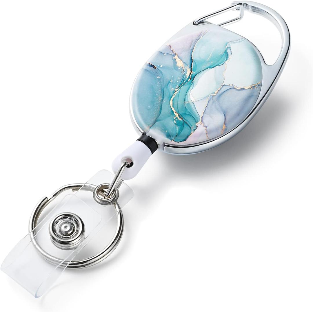 Badge Reels Retractable Double Sided Color Print Pattern Holders with Retractable Keychain and Clip, Durable Nylon Rope, Green Marble