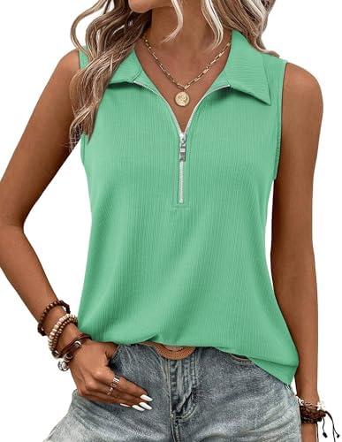 Vivilli Womens Ribbed Tank Top Zipper V Neck Dressy Casual Blouses Sleeveless Camisole Tops Work Tank Polo Shirts, XL