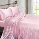 Vonty Satin Sheets Full Size Silky Soft Satin Bed Sheets Pink Sheet Set, 1 Deep Pocket Fitted Sheet + 1 Flat Sheet + 2 Pillowcases