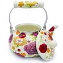 Enamel Teapot Floral,Large Porcelain Enameled Teakettle,Colorful Hot Water Tea Kettle Pot for Stovetop,Small Retro Classic Design (2.4L, Beige)