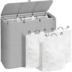 STORAGE MANIAC Triple Laundry Hamper with Lid, 180L Tall Metal Frame Laundry Baskets with Removeable Bag, Large Clothes Hamper with PU Tag, Laundry Bin for Dorm, Collage, Bathroom, Bedroom, Gray (3 Section)
