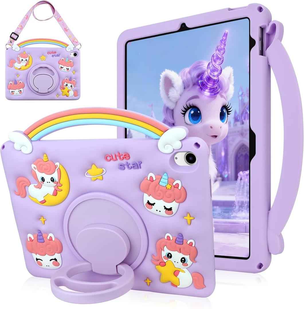 SAMONPOW for iPad A16 Case/10th Generation Case Rainbow Unicorn iPad 11th Generation Case for Kids Girls Teens with Strap Rotating Stand Handle Soft Silicone Cover for iPad 11 Inch 2025 Purple