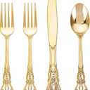 200PCS Gold Plastic Silverware - Heavy Duty Elegant Disposable Utensils - Gold Plastic Cutlery Set Includes 100Forks, 50Spoons, 50Knives for Dinner, Parties, Weddings