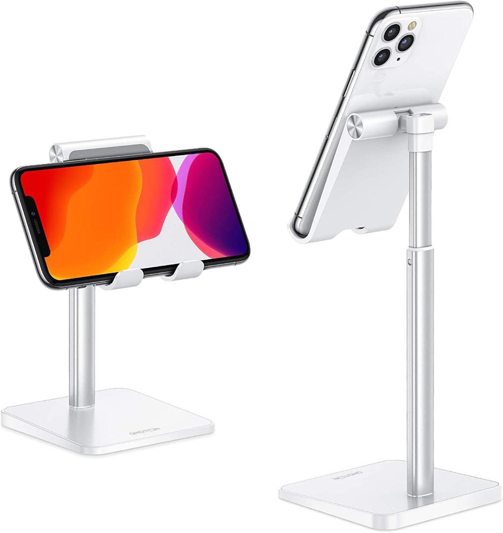 OMOTON Cell Phone Stand, Adjustable Angle Height Desk Phone Dock Holder for iPhone Air 17 Pro Max/Plus/XS/XR, Samsung Galaxy S20 / S10 / S9 / S8 and Other Phones (3.5-7.0-Inch) (Silver)