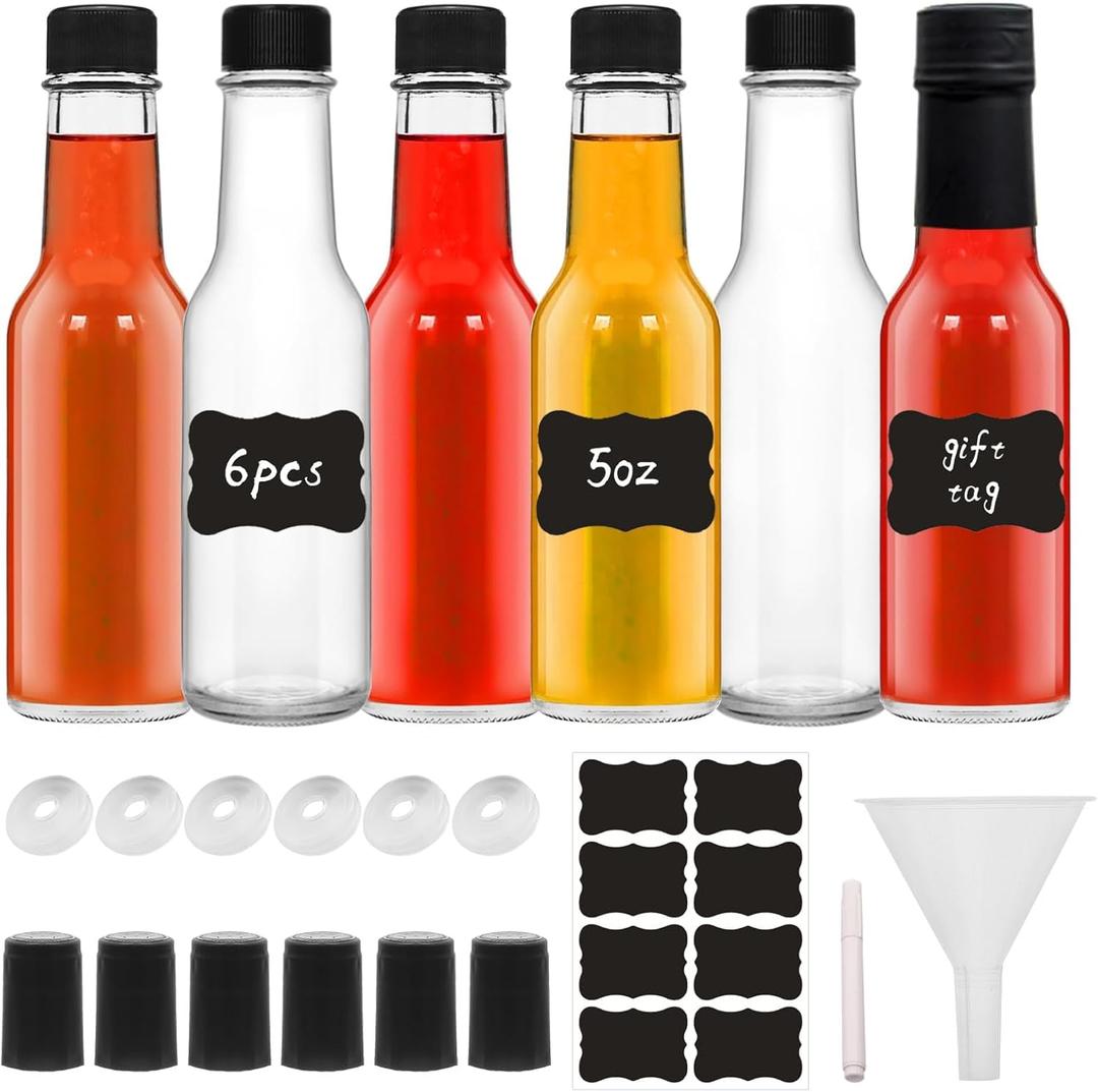 6Pcs 5oz Glass Bottle, Clear Woozy Bottles with Shrink Capsules,Empty Small Beverage Canning Bottles with Black Caps for Kitchen and Party (BLACK, 6)