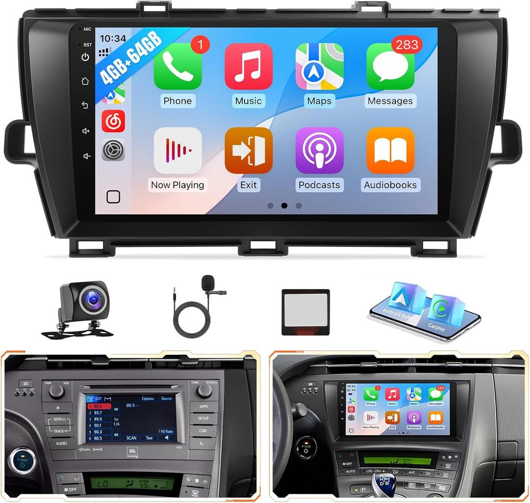 8Core 4+64GB Upgrade Screen for Toyota Prius 2010-2015 Radio with Carplay Android Auto, Android 13 9inch Touchscreen for Prius Stereo with Bluetooth + CANBUS + Rear Camera-for Big Screen Without J.B.L