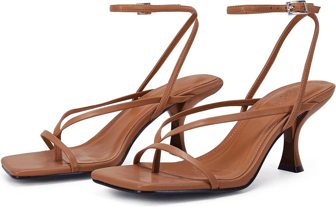 PiePieBuy Women's Lace Up Heeled Sandals Square Flip Flop High Heels Strappy Party Shoes (9.5, Dark Brown)