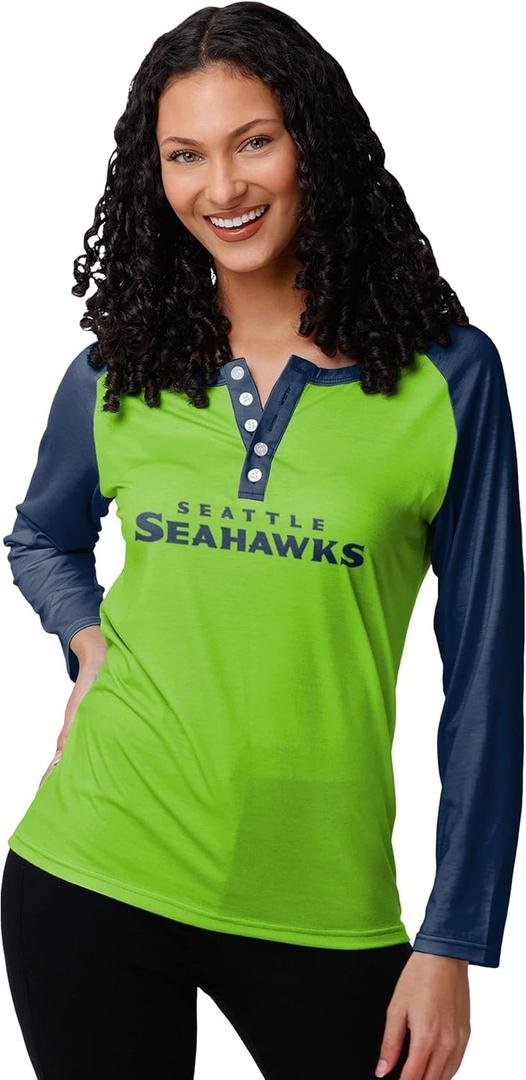 FOCO Women's NFL Team Logo Ladies Fashion Shirt Long Sleeve Henley (XX-Large, Big Wordmark)