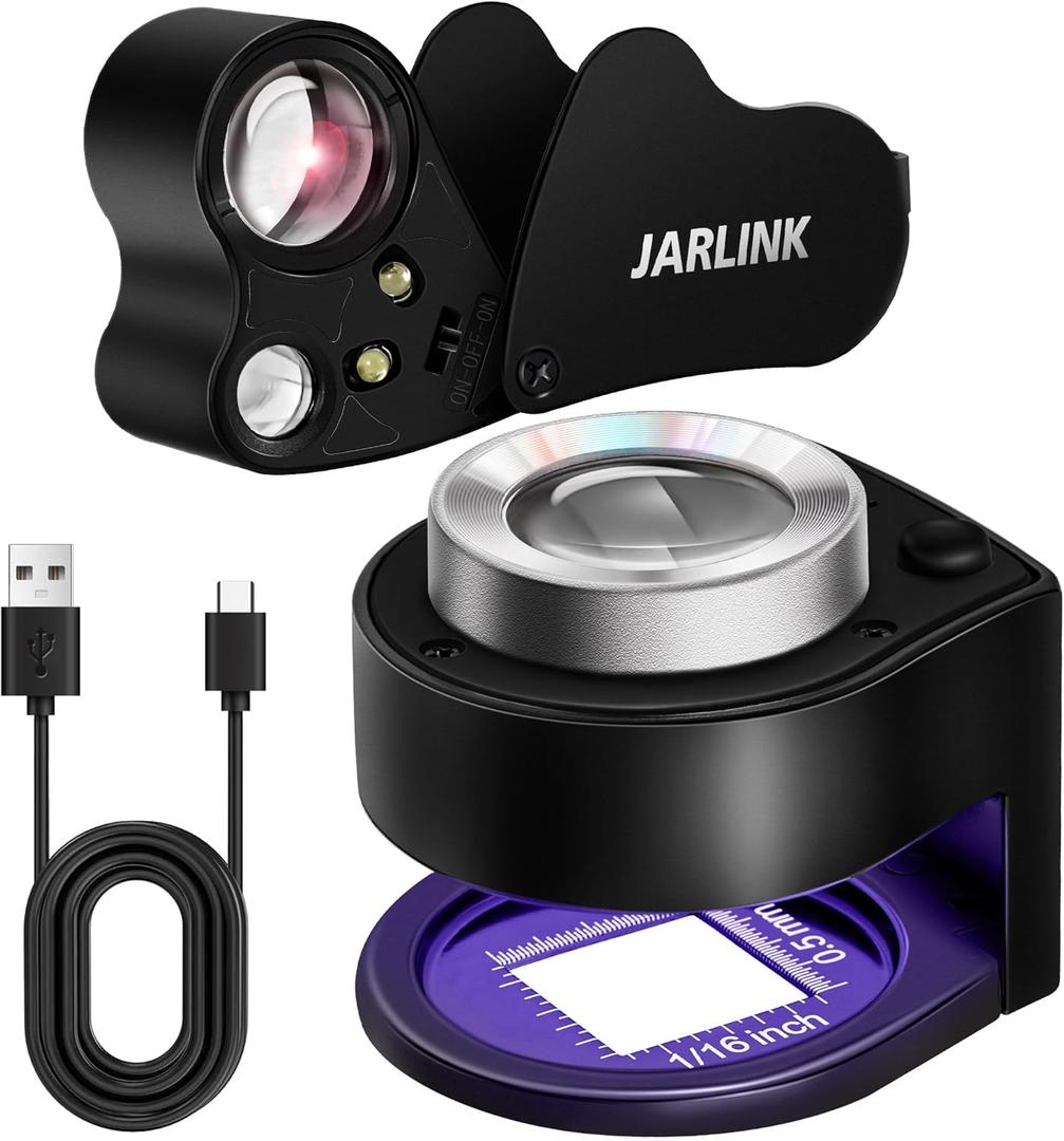 JARLINK 2 Pack 30X 60X Jewelers Loupe, Foldable Jewelry Magnifier with Bright LED Light, Desktop Loupe Magnifier with 3 LED Light and 3 UV Light for Gems, Jewelry, Coins, Stamps (Black)