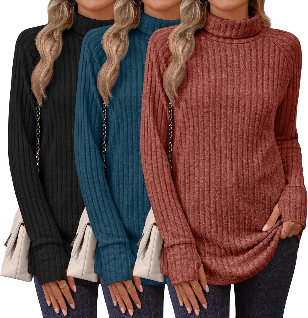 Ficerd 3 Pack Women's Turtleneck Long Sleeve Tunic Sweater Thumbhole, Ribbed Raglan Curved Hem Knit Shirts Loose Fall Winter (L)