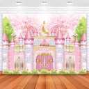 Princess Castle Birthday Backdrop Pastel Watercolor Pink Royal Castle Photography Background Fairy Tale Girl Birthday Party Decorations Supplies Cake Table Banner Photo Booth Props 7x5ft