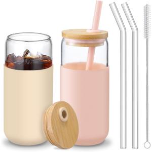 VITEVER 20 OZ Glass Cups with Bamboo Lids and Straws - Beer Can Drinking Glasses with Silicone Protective Sleeve Set, Iced Coffee Glasses, Cute Tumbler Cup for Water, Tea, Gift - Pink, Amber