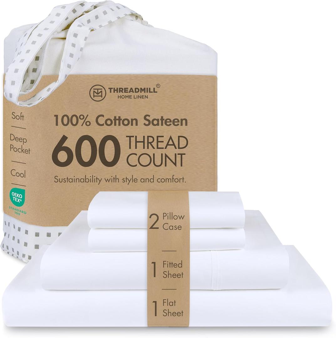 Threadmill 100% Cotton Sheets for Queen Size Bed - 600 Thread Count Queen Bed Sheets Set with 16 Deep Pocket - Sateen Weave 4-Piece Bedding Set with Cooling Effect, White (Hotel White Solid)