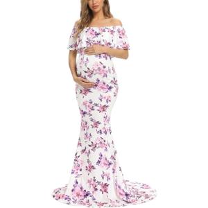 Glampunch Womens Off Shoulder Maternity Dress Ruffles Elegant Slim Gowns Fit Maxi Photography Dress (White) Medium