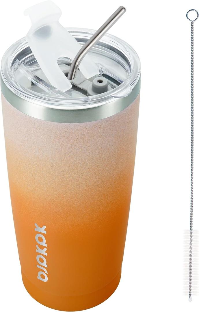 BJPKPK Tumbler with Lid and Straw, 20 oz Stainless Steel Vacuum Insulated Color Block Tumblers, Double Wall Ice Coffee Thermal Cup Travel Mug, Coral