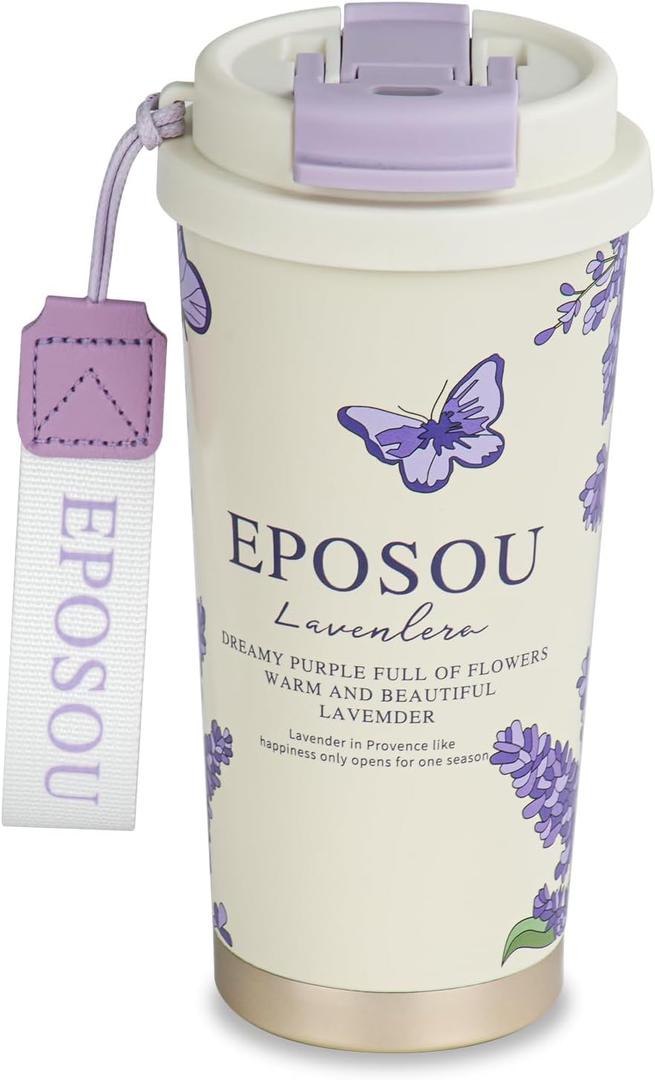 Travel Coffee Mug,leak proof travel mug tumbler with Flip Lid,Reusable Insulated Stainless Steel Cold&hot Brew,16oz,Gifts for Women Men Him Her,for Travel, Hydration, Sports(Lavender 2.0)