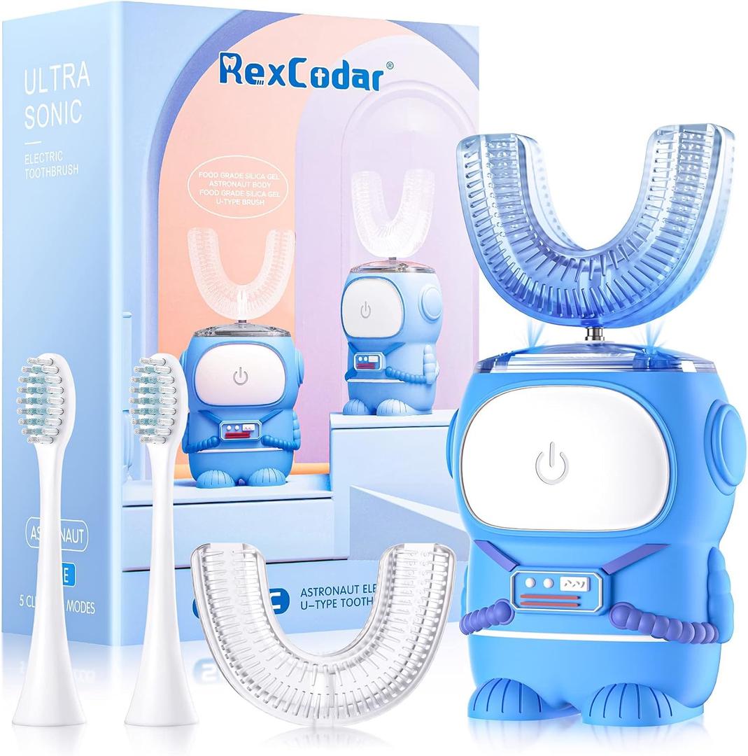 RexCodar Ultrasonic Kid's U-Shaped Electric Toothbrush, IPX7 Waterproof, Five Cleaning Modes,Cartoon Astronaut, 60S Smart Reminder (6-12 Age (Blue))