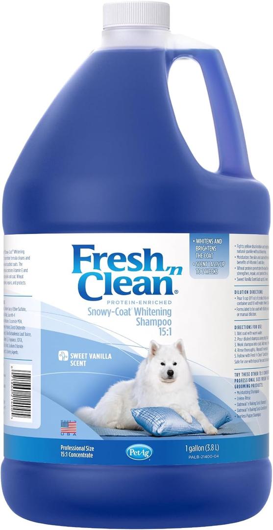 PetAg Fresh n Clean Whitening Snowy-Coat Shampoo, Vanilla Scent (15:1 Concentrate) - 1 Gallon - Bleach-Free Formula to Correct Yellow Discoloration - Strengthens & Moisturizes Coats - Soap Free