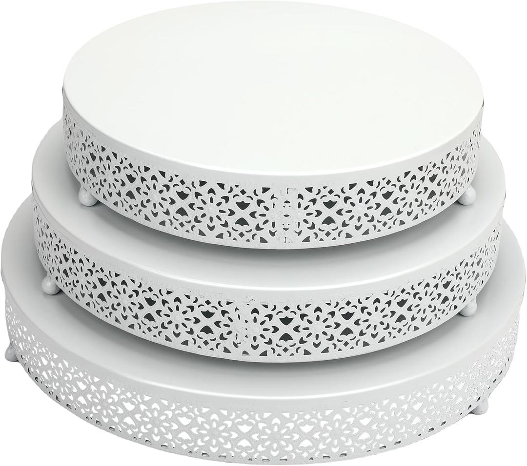 Set of 3 Cake Stands Set 16'' 14'' 12'' Round Metal Cake Stands Cupcake Stand Riser Pastry Candy Display Plate for Dessert Table Wedding Event Birthday Anniversary Party (White)