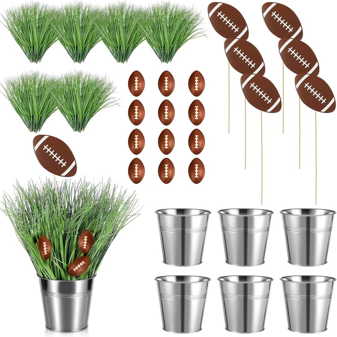 Soulchen 6 Set Football Party Table Decorations Kit Includes 6 Iron Bucket 12 Mini Rugby 90 Artificial Grass 6 Flags Centerpiece for Birthday Sport Themed Party Desk Supplies Rugby Favors(Football)