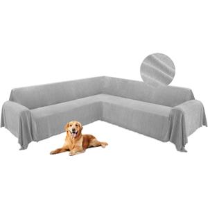 HDCAXKJ Corner Sectional Couch Covers for Dogs L Shape Sofa Cover with Tassel Chenille Super Soft Non Slip U Shaped Couch Cover Blanket Washable Sectional Slipcovers Protector (Ash Gray, 91x252 inch)