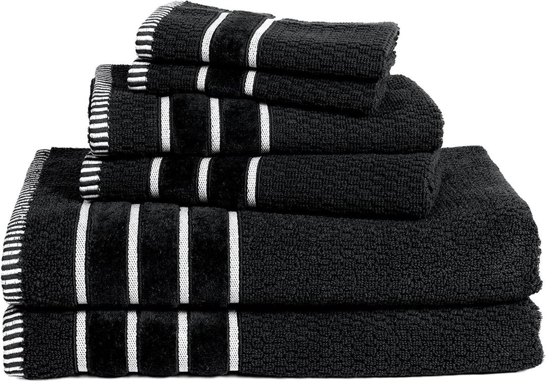 6-Piece Towel Set - Combed Cotton Rice Weave Bathroom Accessories with 2 Bath Towels, 2 Hand Towels, and 2 Washcloths by Bedford Home (Black)