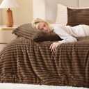 EXQ Home Fluffy Comforter Set Queen Size - Super Soft Faux Fur Stripe Jacquard Comforter 3 Pieces, Taupe Brown Fleece Bedding Set,Winter Warm Bed Set,1 Comforter with 2 Pillowcases