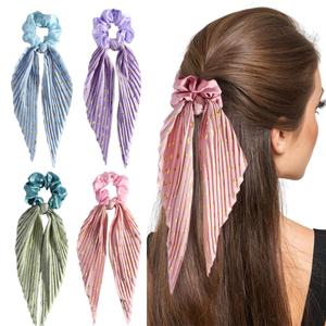 Ouliget Silky Satin Hair Scarf Scrunchies for Women,Sweet Soft Shiny Hair Band Hair Accessories,Bohemia Knotted Bow Ribbon Elastic Hair Scrunchies, 4 Pieces